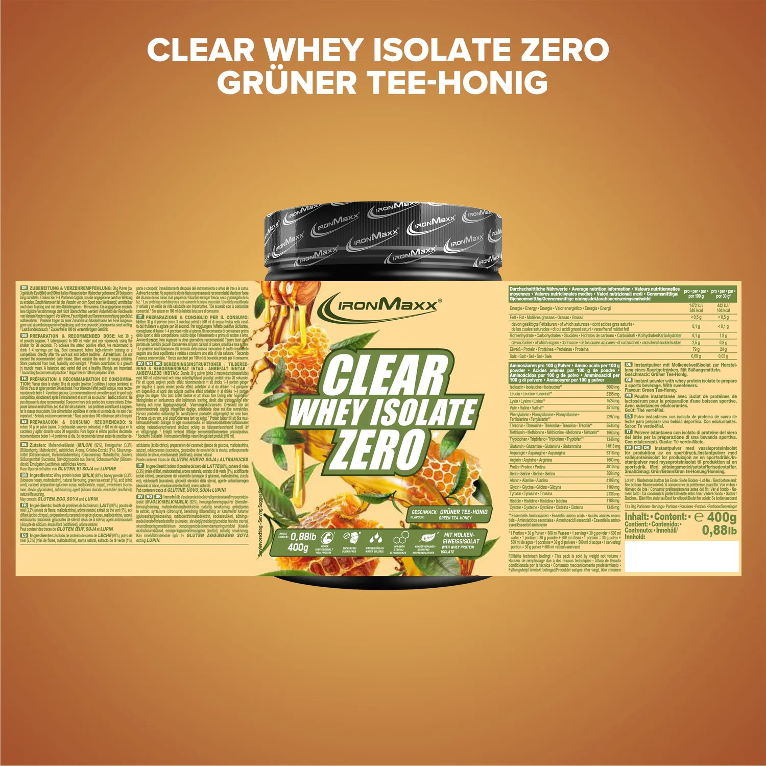 IronMaxx Clear Whey Isolate Zero Proteinpulver Honey Green Tea 400g zuckerfrei