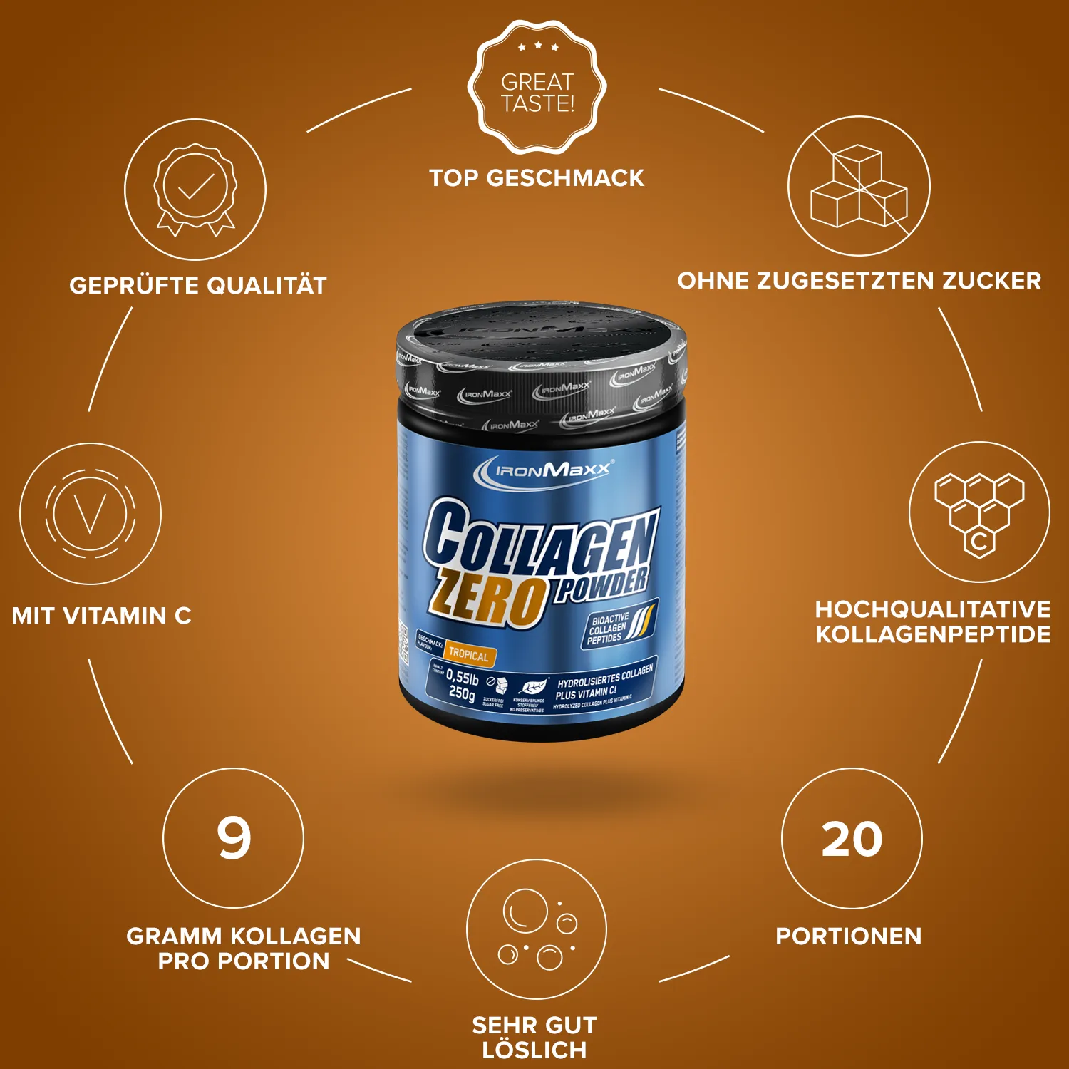 IronMaxx Collagen Powder Zero Kollagenpulver Tropical 250g zuckerfrei
