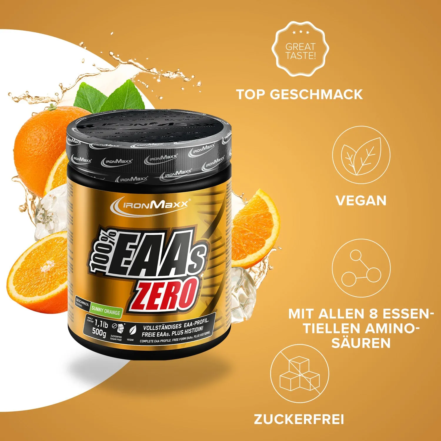 IronMaxx 100% EAAs Zero Sunny Orange 500g Pulver