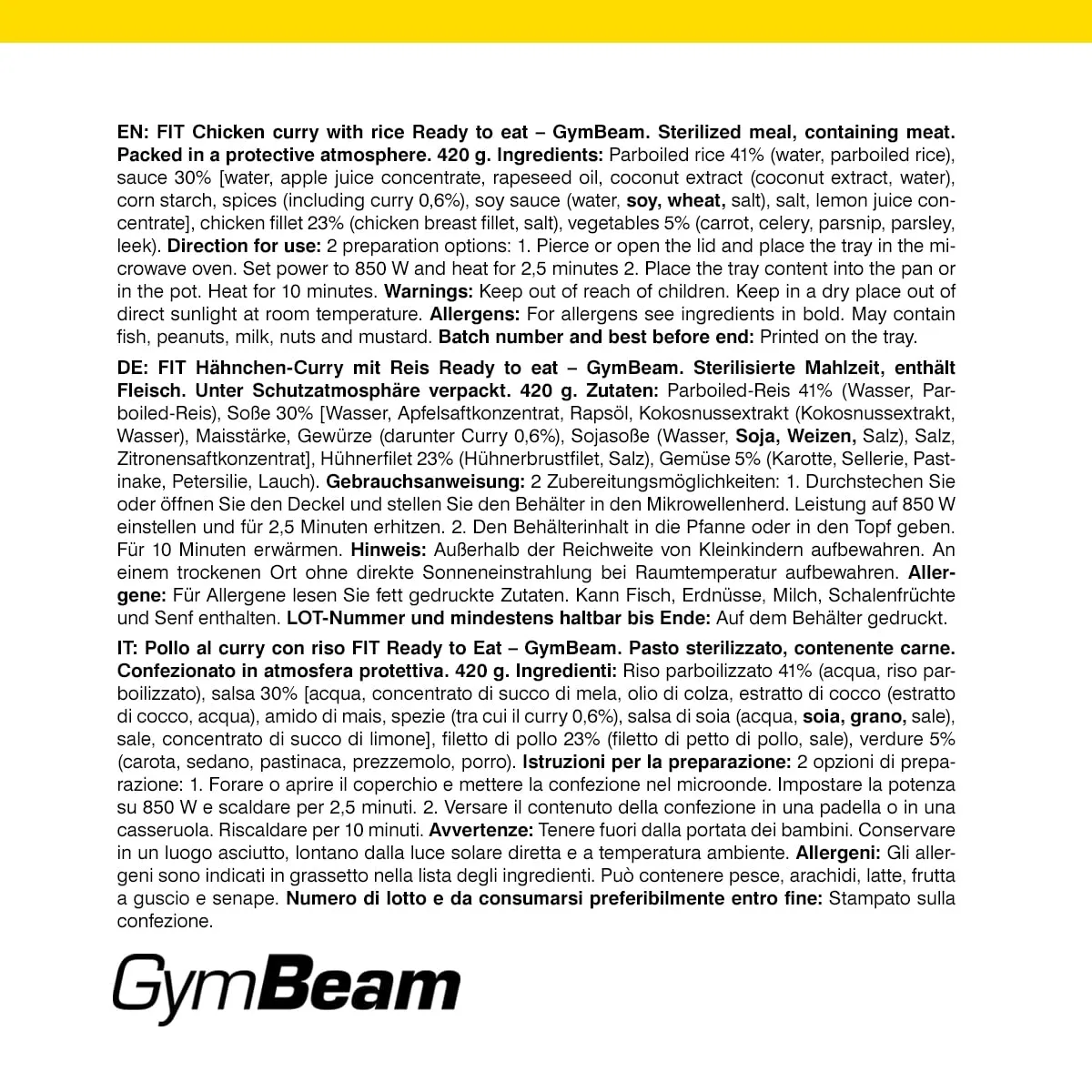 GymBeam FIT Hähnchen Curry Reis 420g Fertigmahlzeit