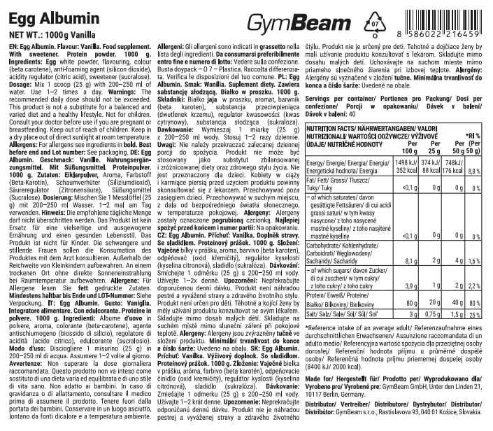 GymBeam Ei-Albumin Protein Vanille 1000 g laktosefrei