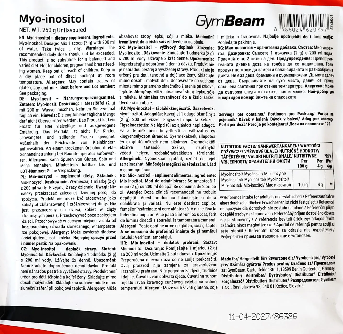 GymBeam Myo Inositol Pulver 250 g vegan