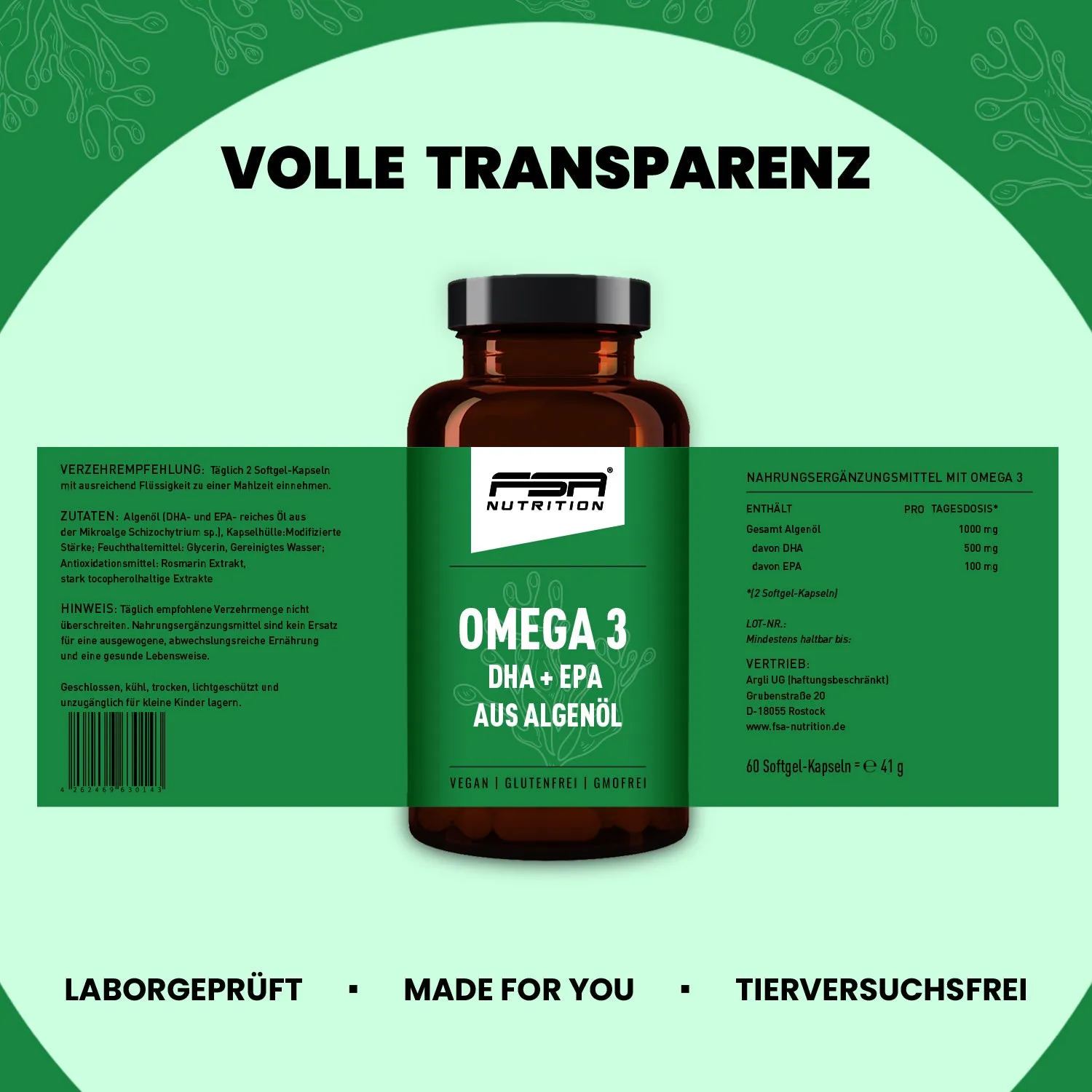 FSA Nutrition Omega 3 Algenöl DHA EPA Kapseln vegan