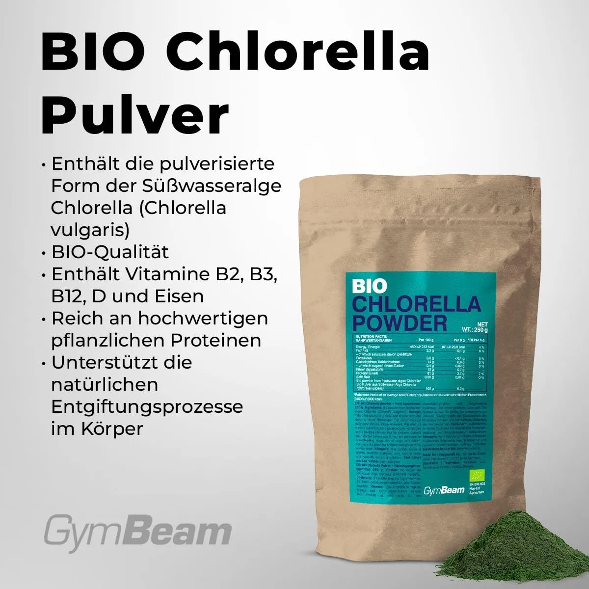 GymBeam Chlorella Pulver 250 g Bio vegan eisenreich