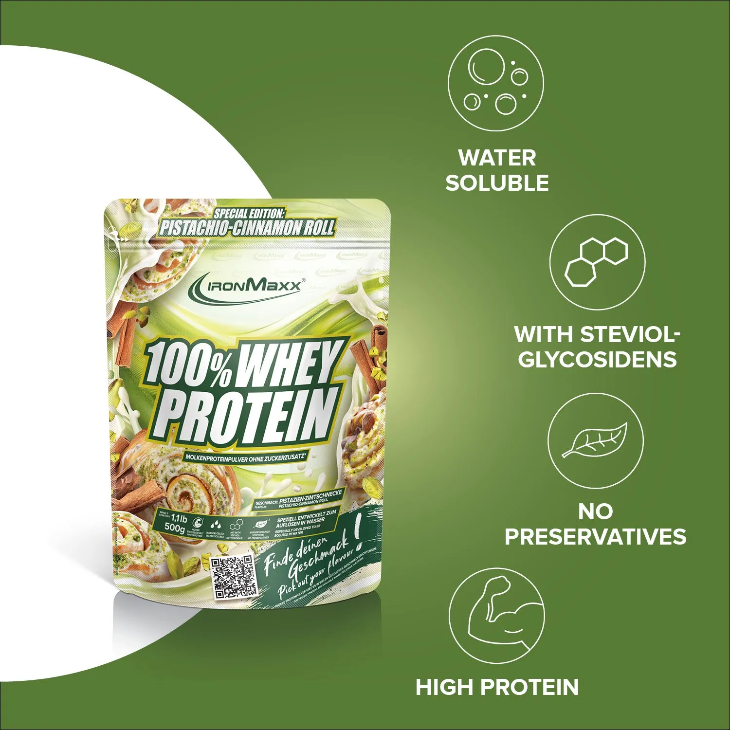 IronMaxx 100% Whey Protein Pistachio Cinnamon Roll 500g zuckerfrei