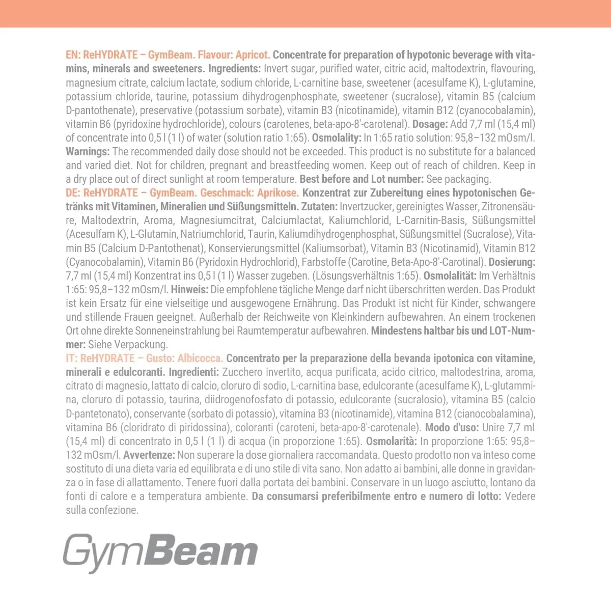 GymBeam ReHydrate Drink Apricot 1000ml hypotonisch