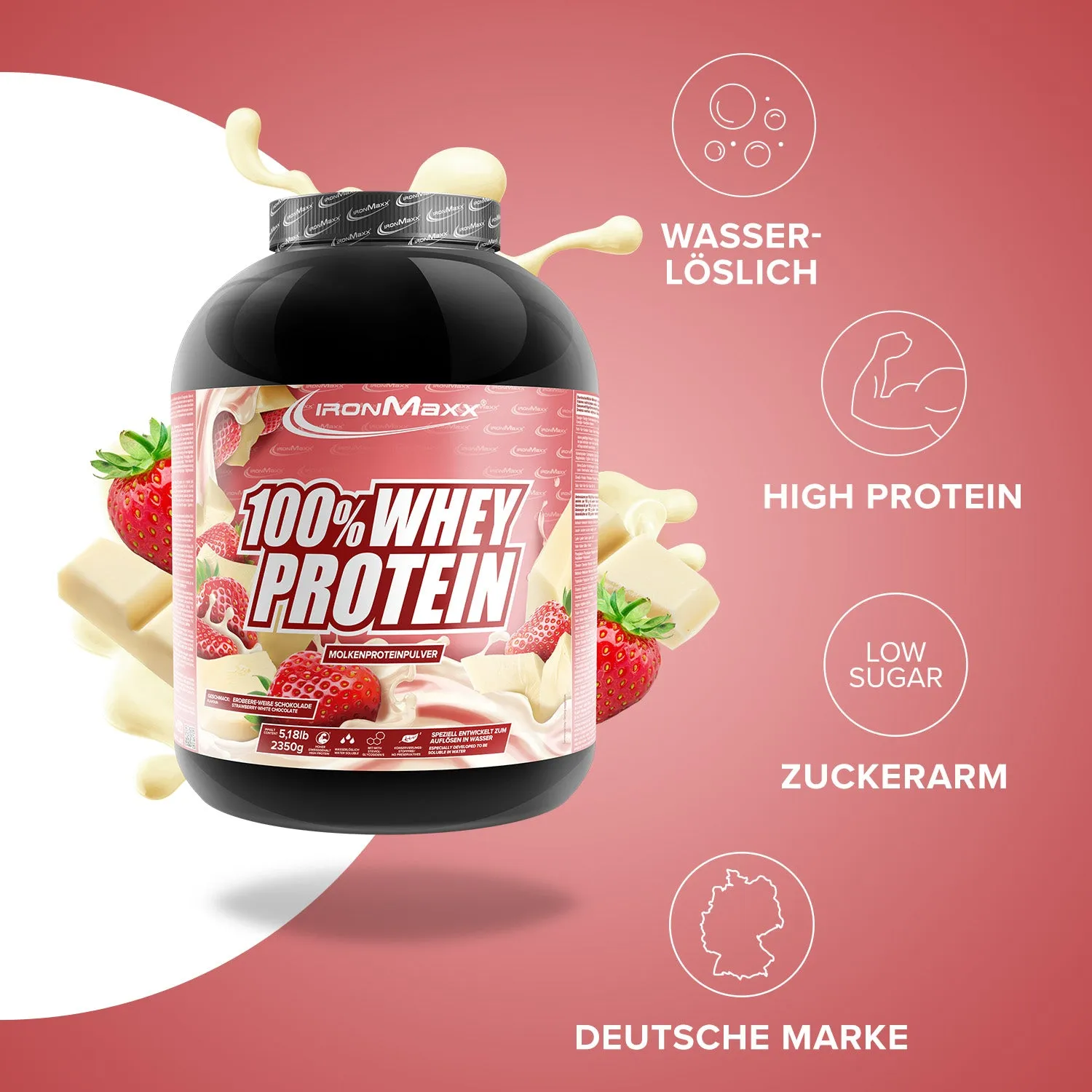 IronMaxx 100% Whey Proteinpulver 2350g Weisse Schoko-Erdbeere zuckerfrei