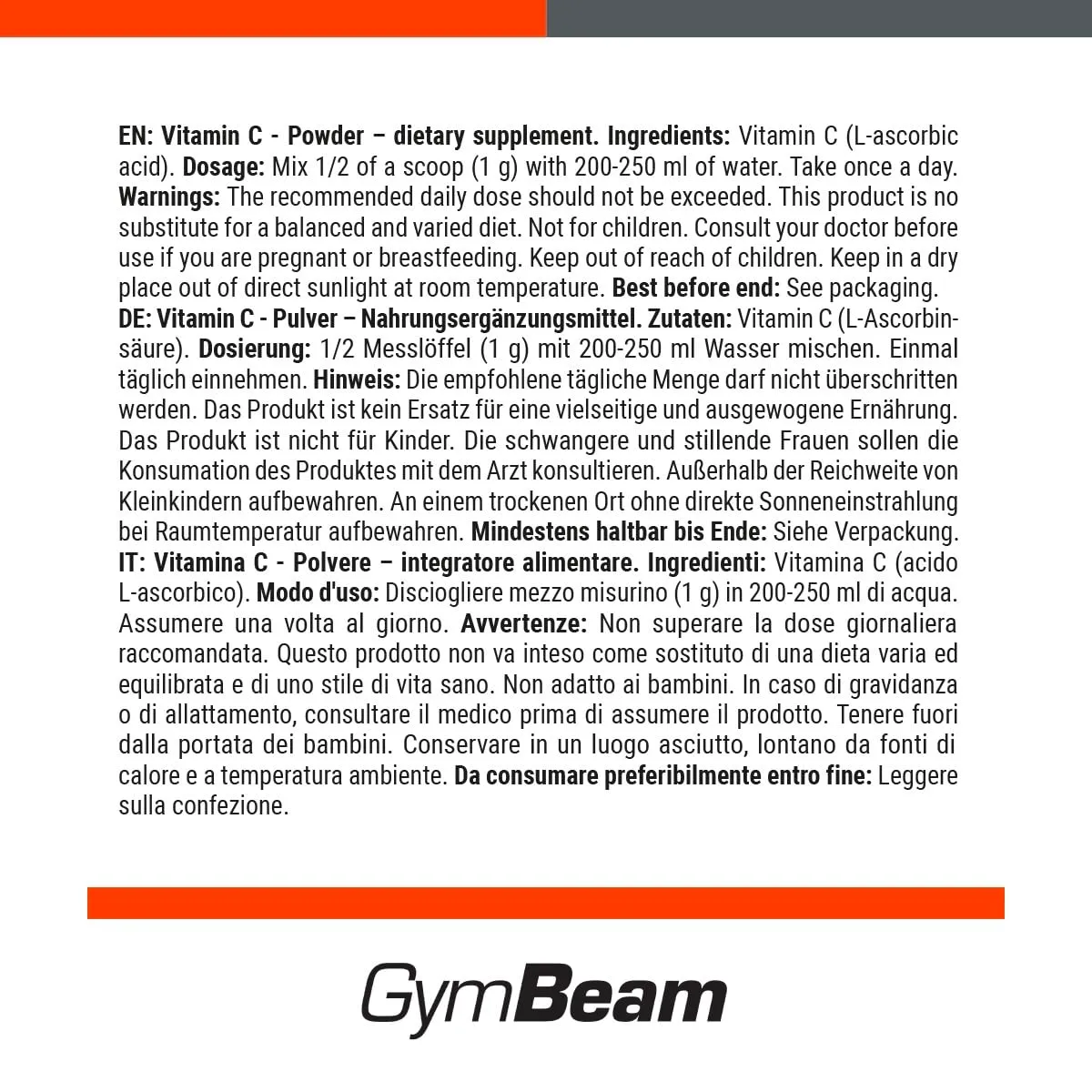 GymBeam Vitamin C Pulver 500 g Ascorbinsäure