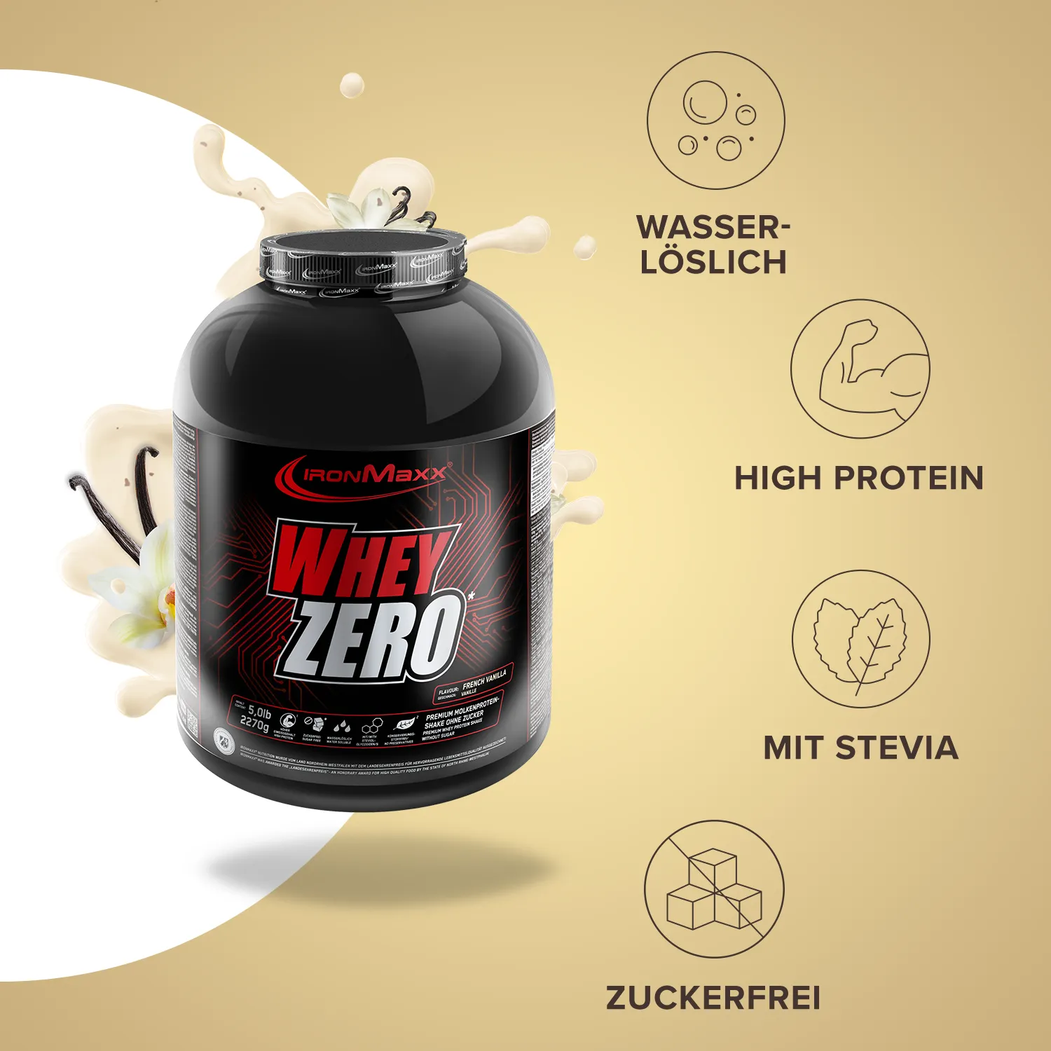 IronMaxx Whey ZERO Proteinpulver 2270 g French Vanilla zuckerfrei