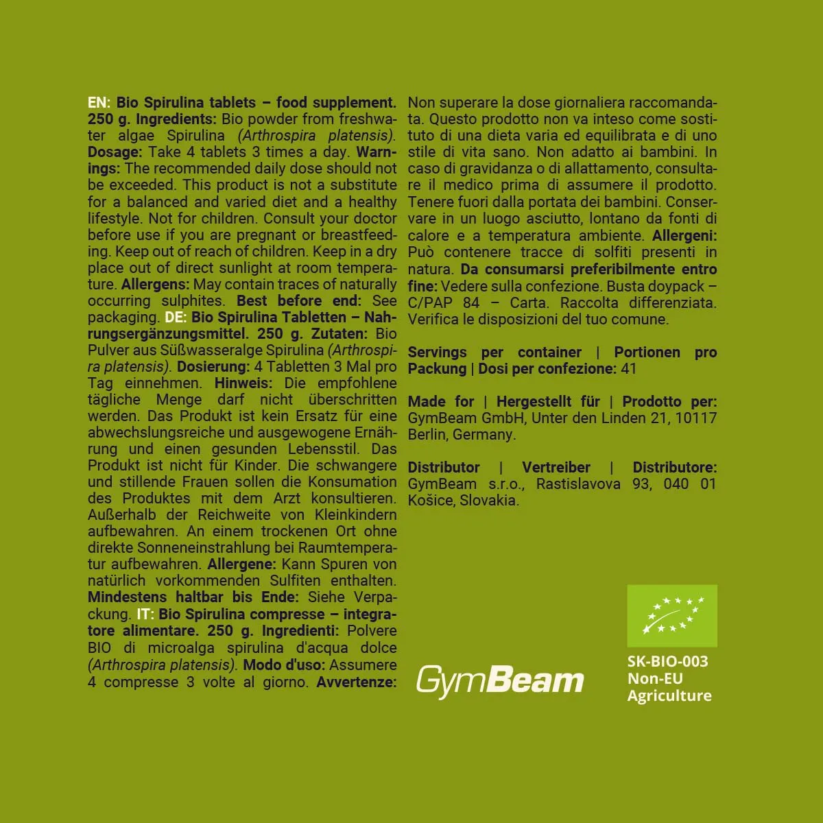 GymBeam BIO Spirulina Tabletten 500 Stück vegan