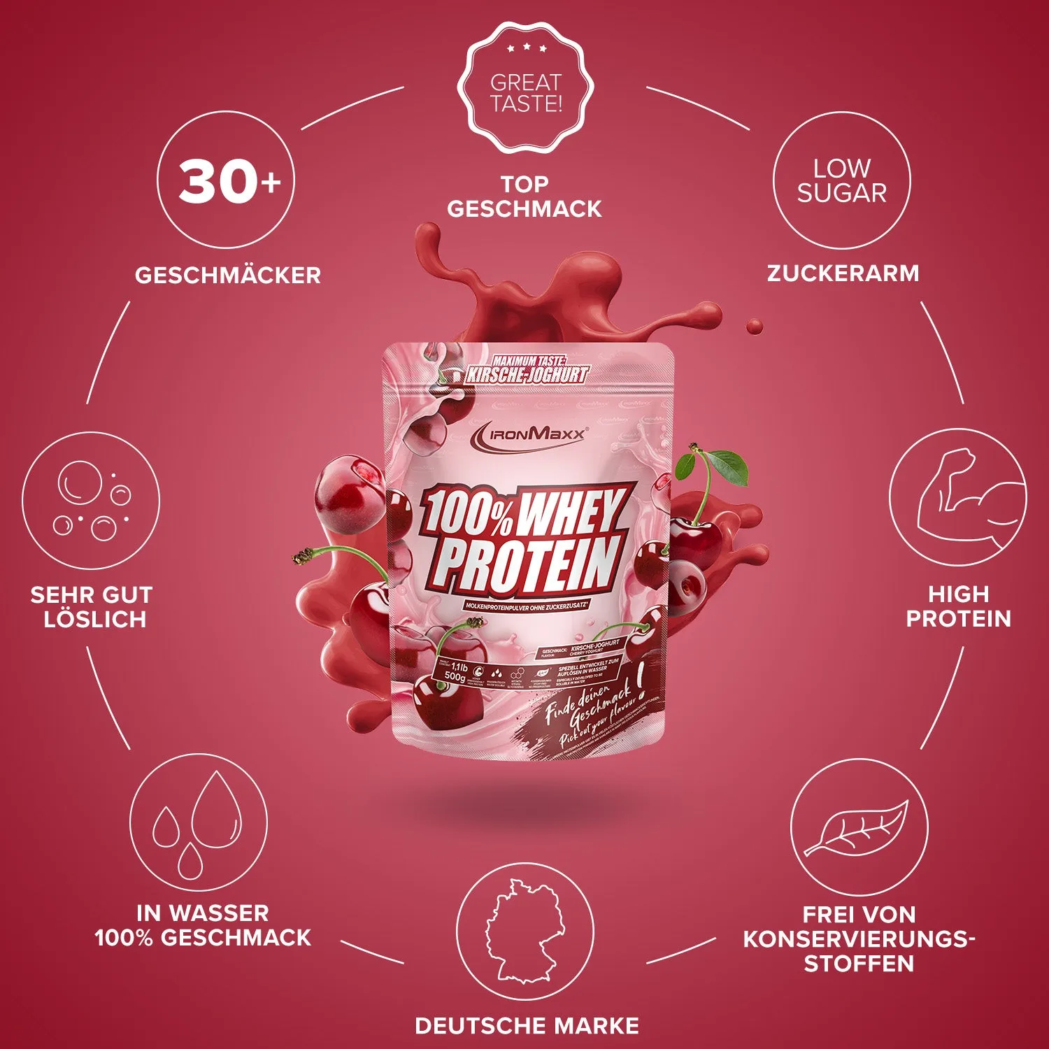 IronMaxx 100% Whey Protein 500g Kirsche Yoghurt 80% Eiweiß