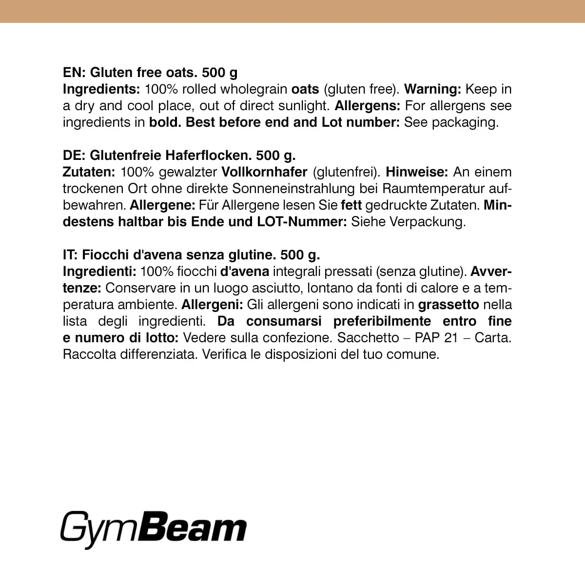GymBeam Haferflocken glutenfrei fein gemahlen 500g Porridge