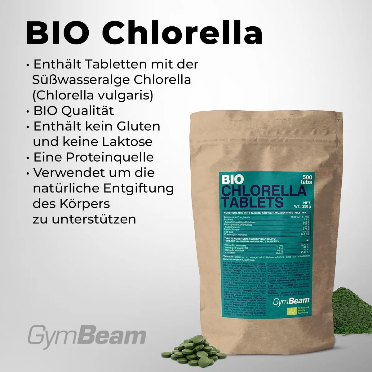 GymBeam Bio Chlorella Tabletten 500 Stk vegan proteinreich