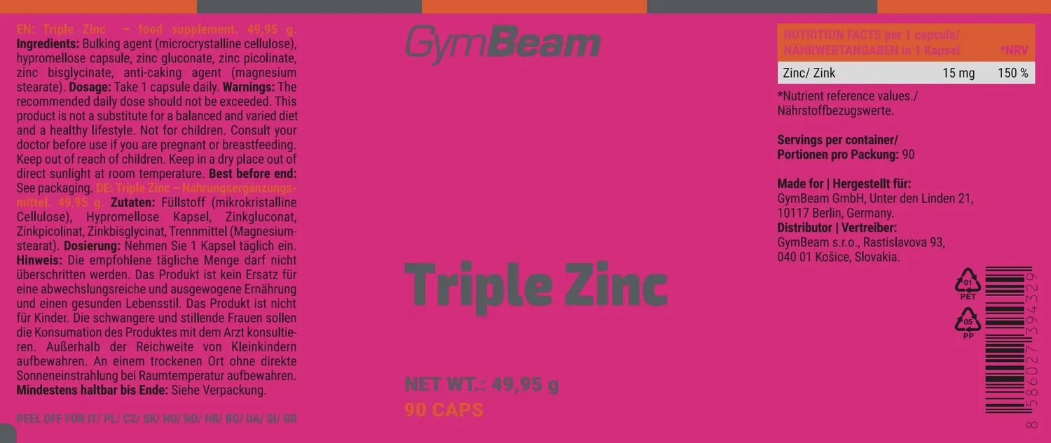 GymBeam Dreifach-Zink-Komplex Kapseln 90 Stück vegan