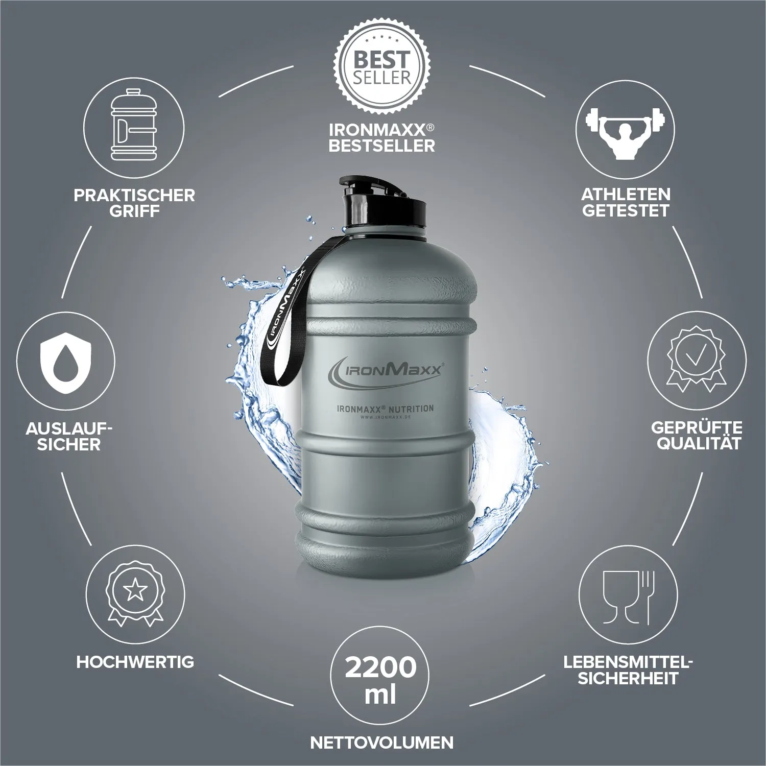 IronMaxx Water Gallon Trinkflasche 2200ml Frosted Ash Grey BPA-frei