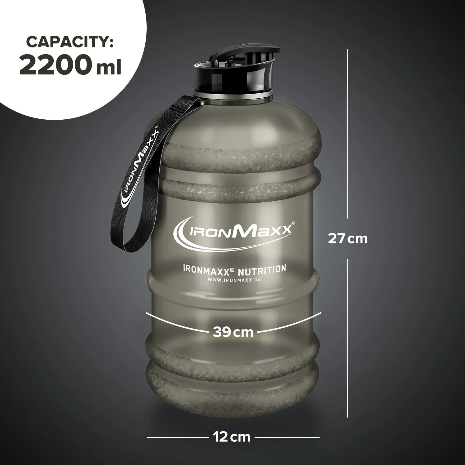 IronMaxx Water Gallon Trinkflasche 2200ml Matt Grau