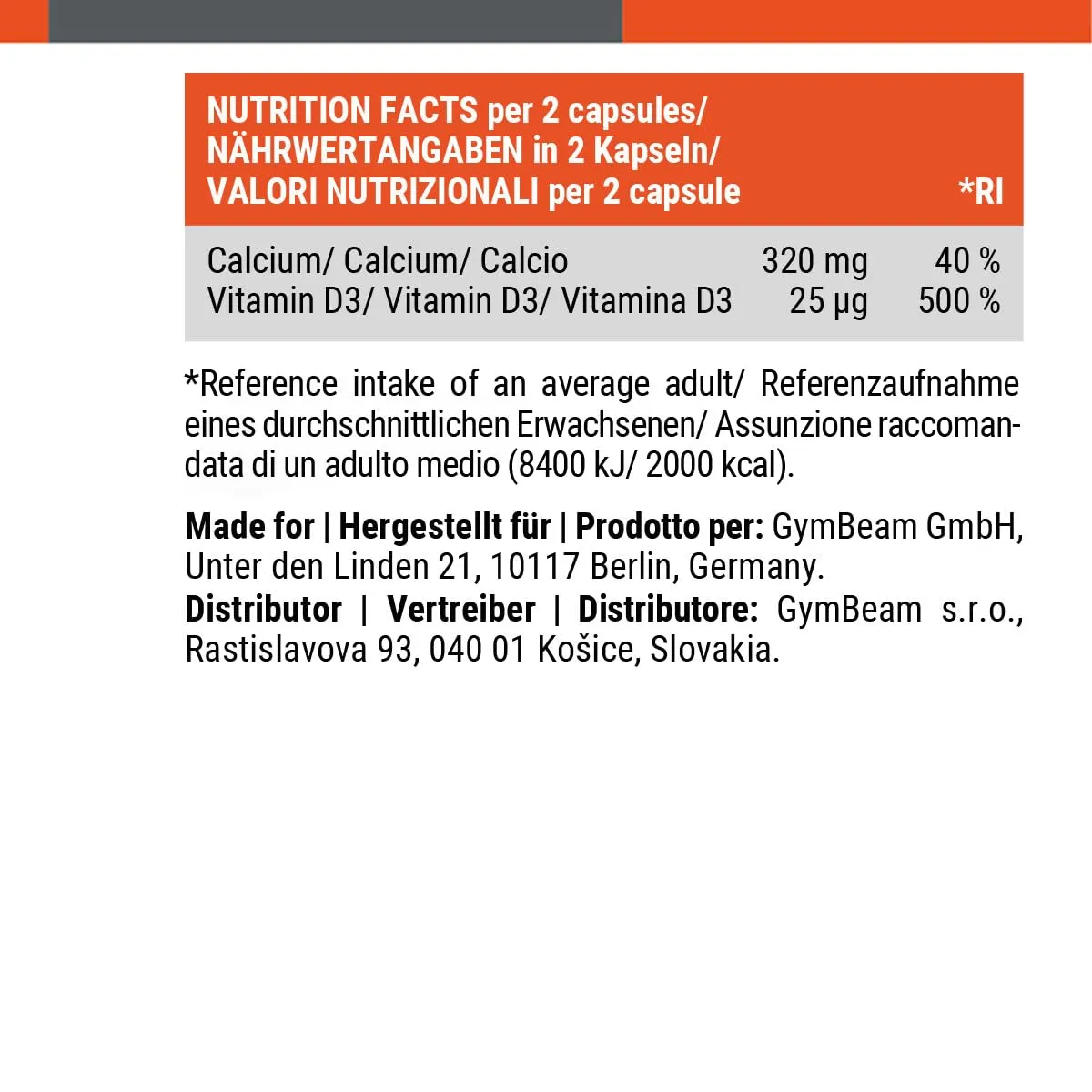 GymBeam Calcium+D3 Kapseln 120 Caps für Knochen Muskeln