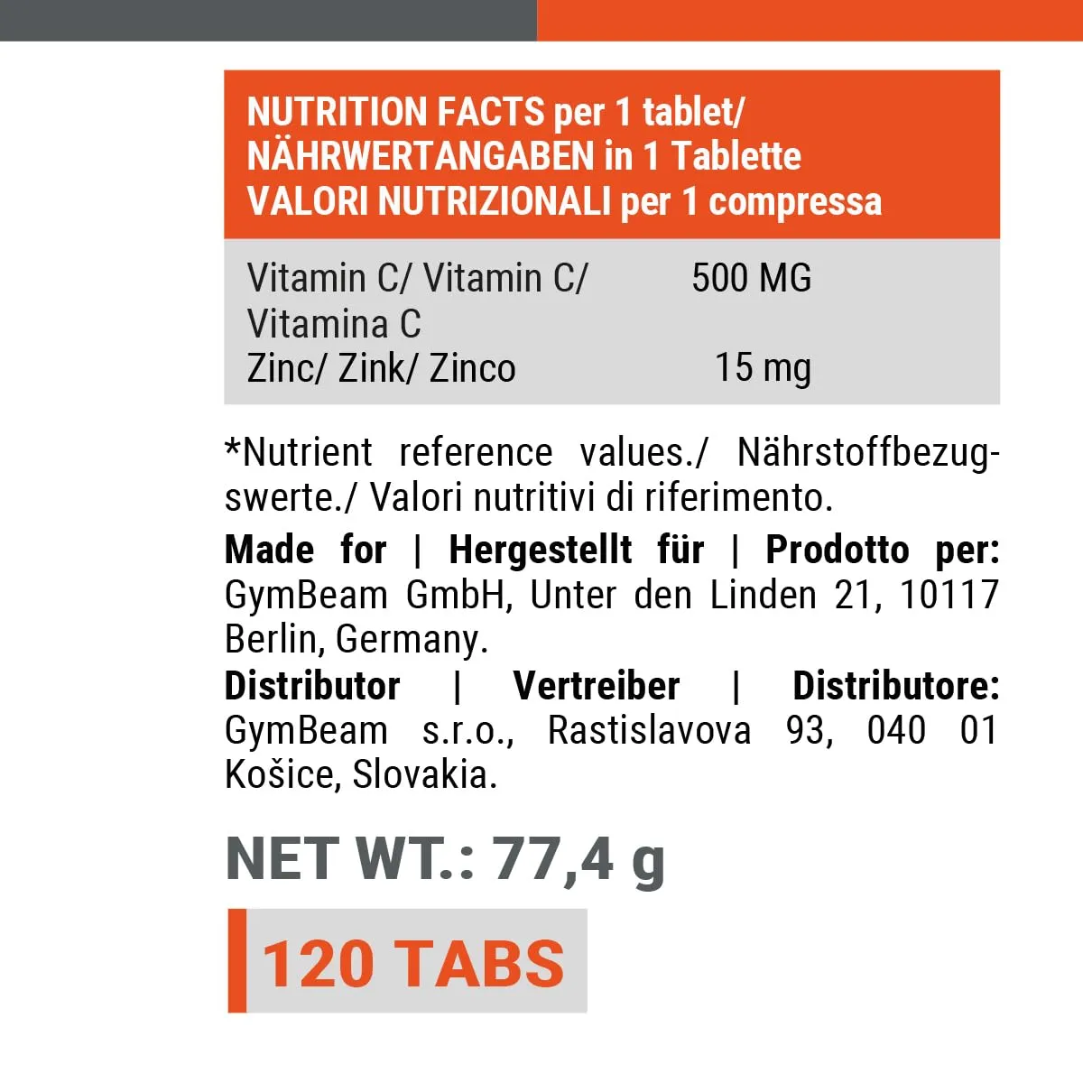 GymBeam Vitamin C + Zink Tabletten 120 Stück Immun