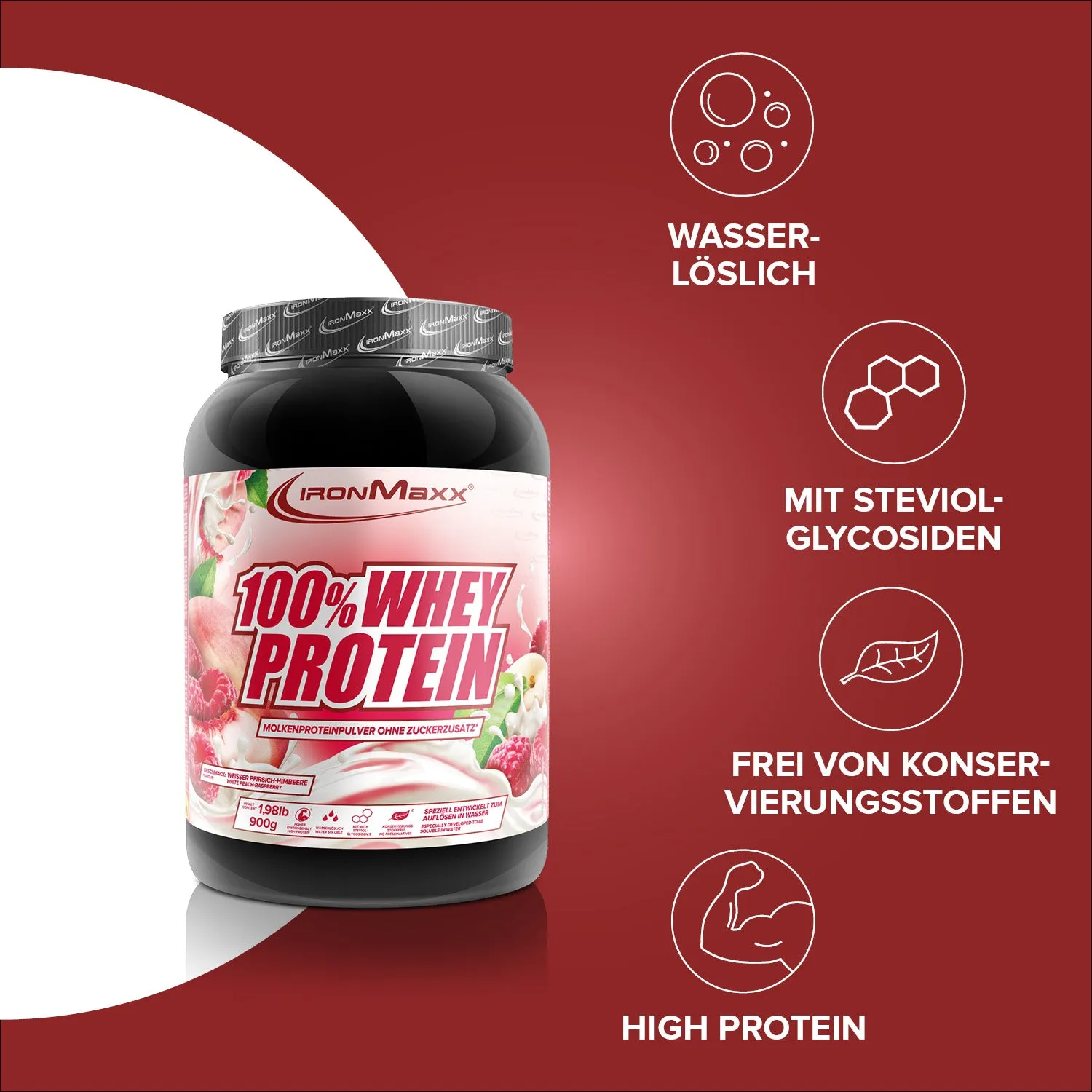 IronMaxx 100% Whey Protein 900g White Peach Raspberry fruchtig