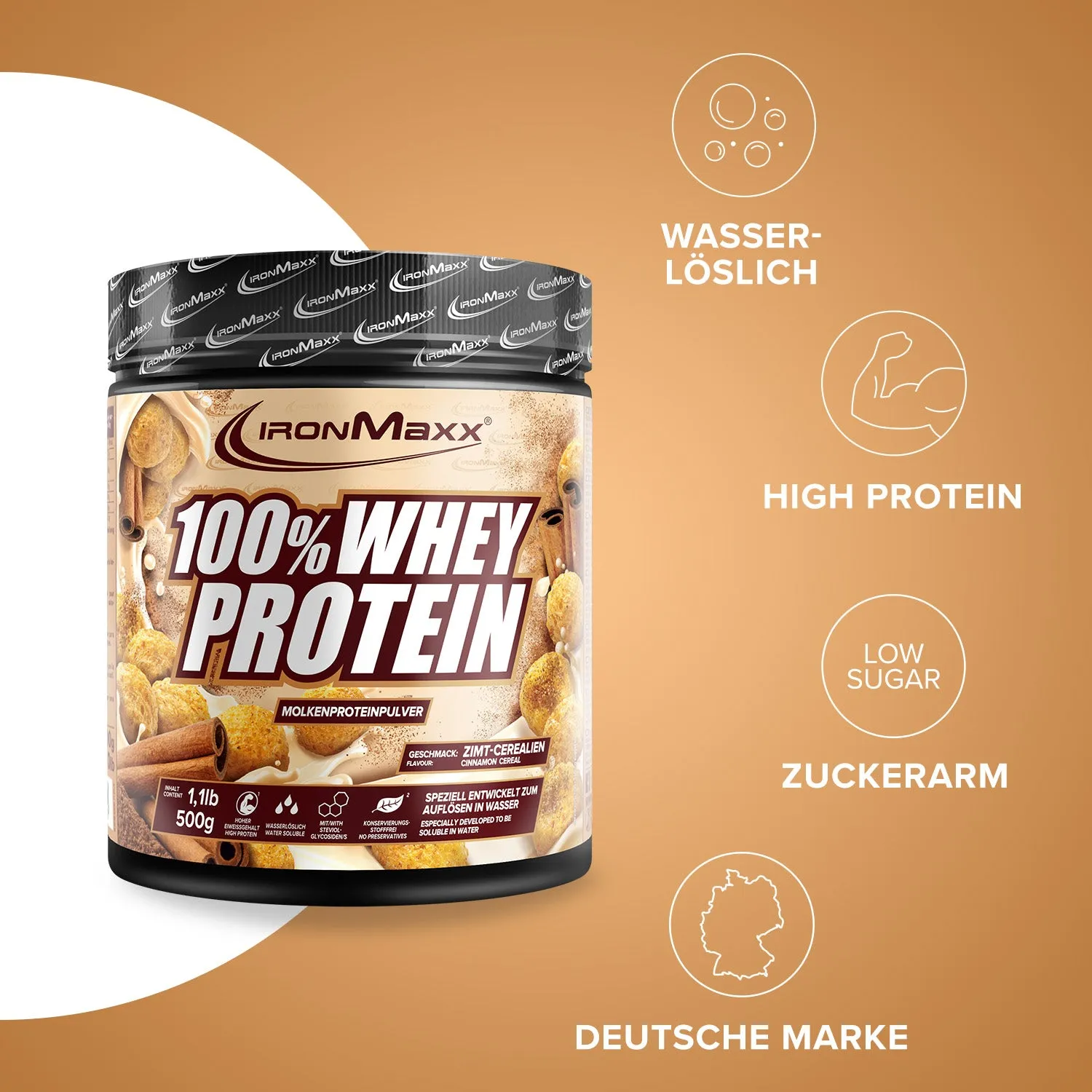 IronMaxx 100% Whey Protein Cinnamon Cereal 500g zuckerfrei
