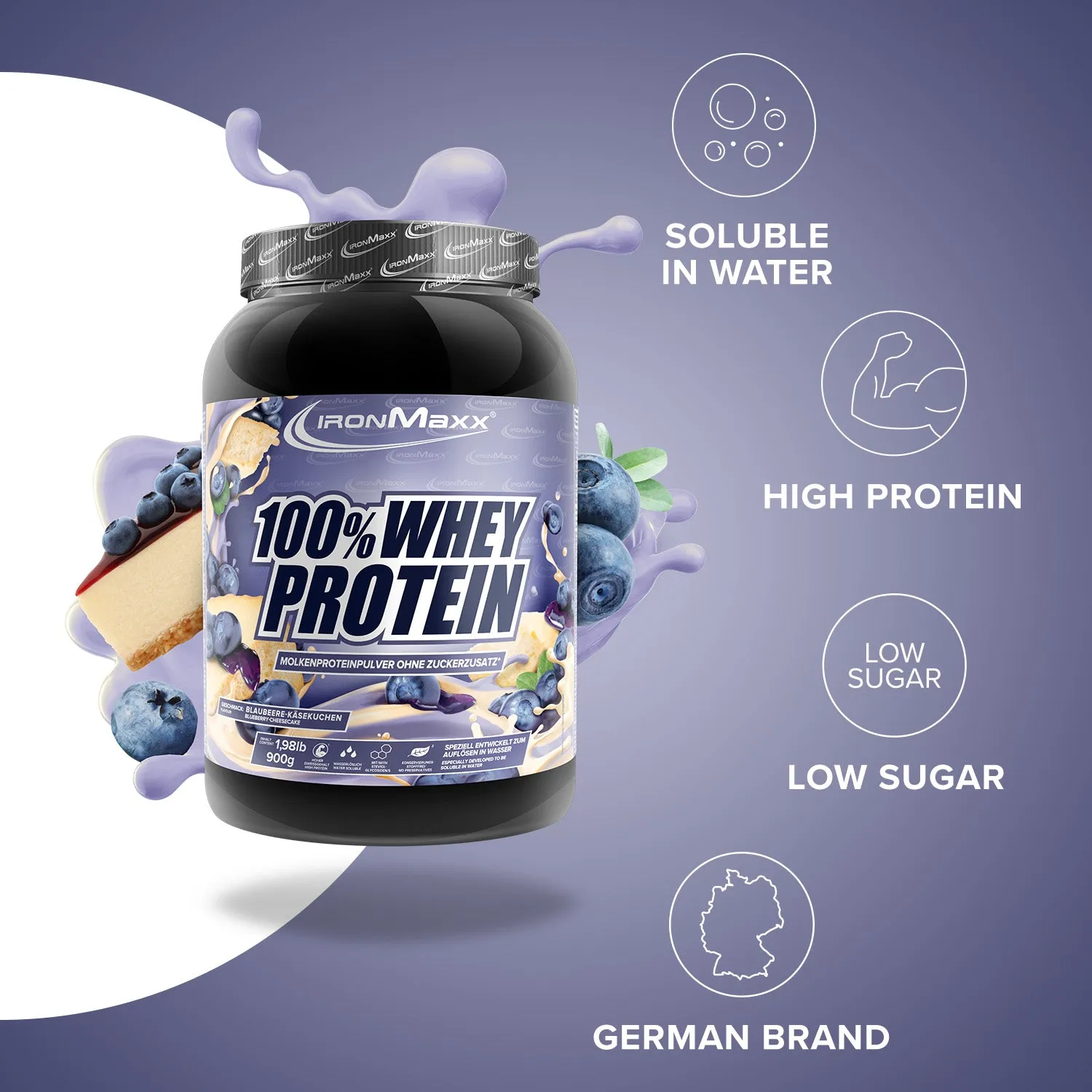 IronMaxx 100% Whey Proteinpulver 900g Blueberry Cheesecake zuckerfrei