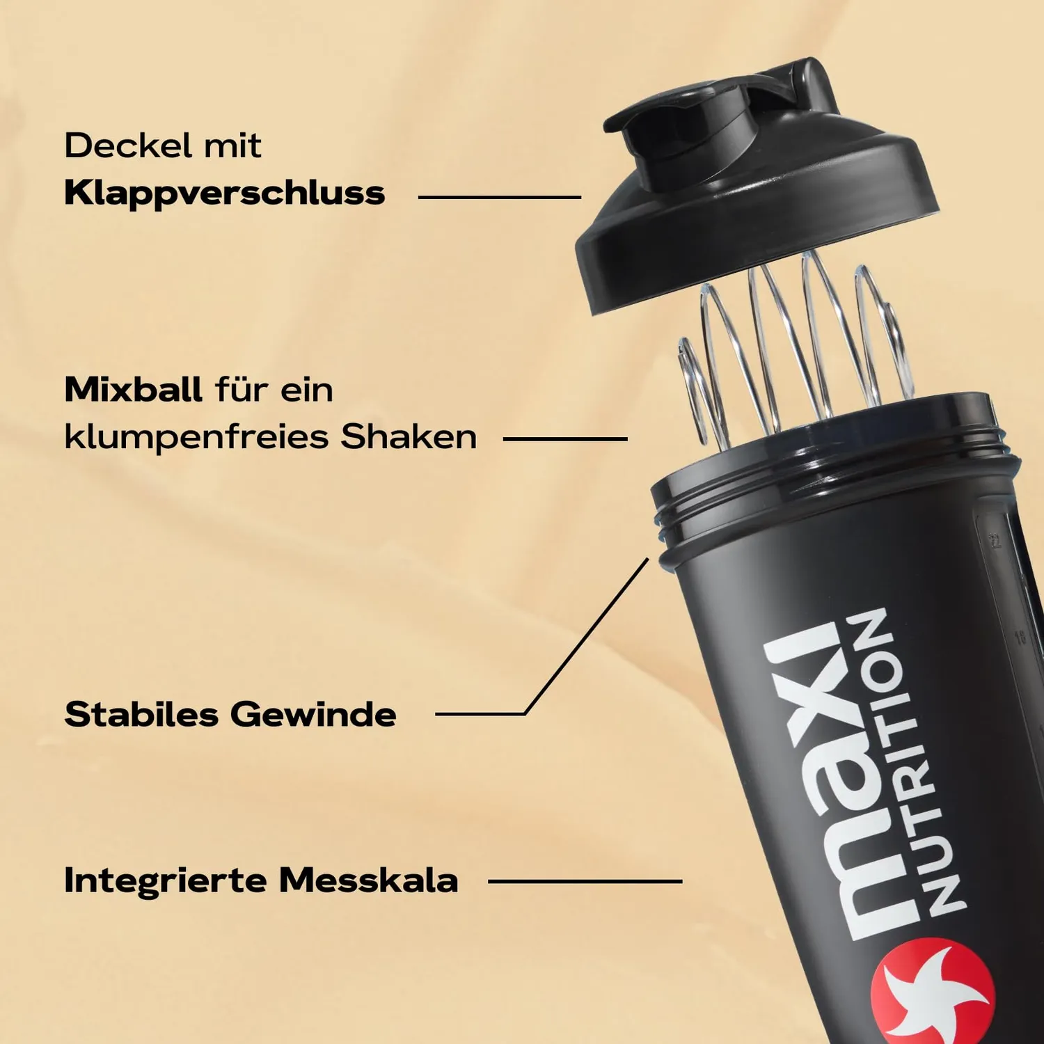 MaxiNutrition 700 ml Klick Shaker schwarz 700 ml Edelstahlkugel