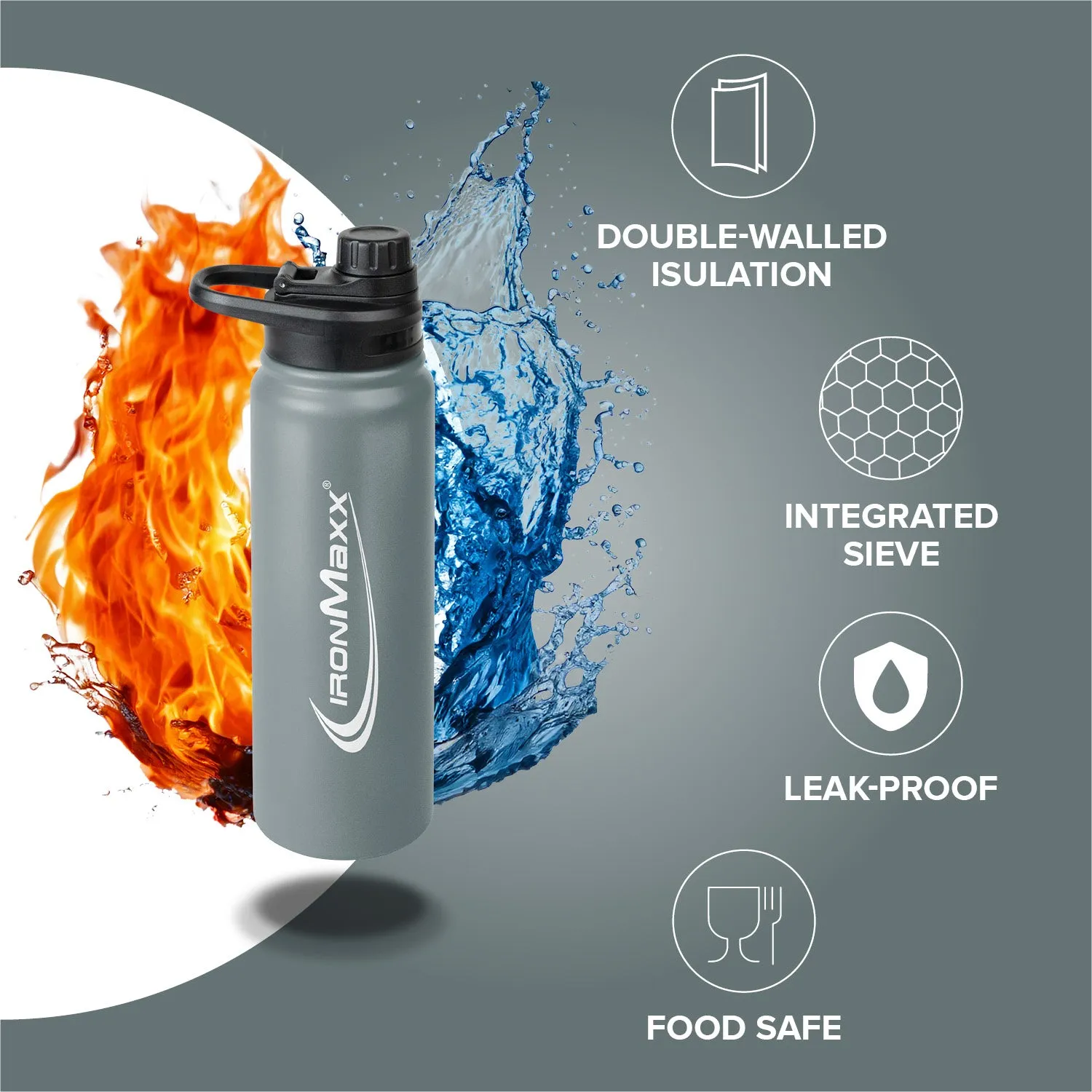 IronMaxx Hot & Cold Bottle Trinkflasche 800ml Ash Grey isoliert