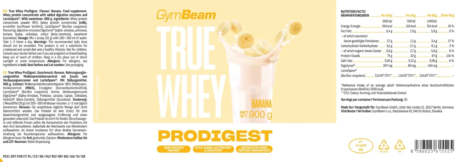 GymBeam True Whey ProDigest Whey Protein 900g Banane