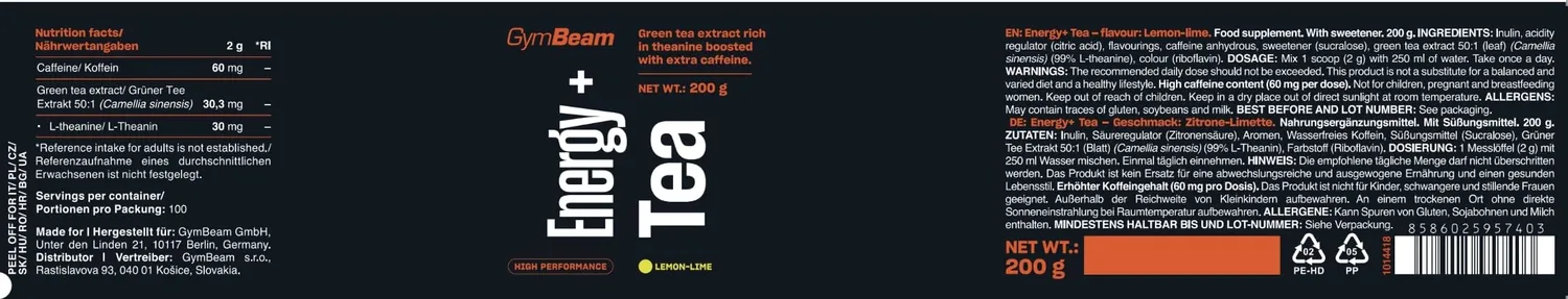GymBeam Energie + Tee Pulver 200 g Zitrone-Limette