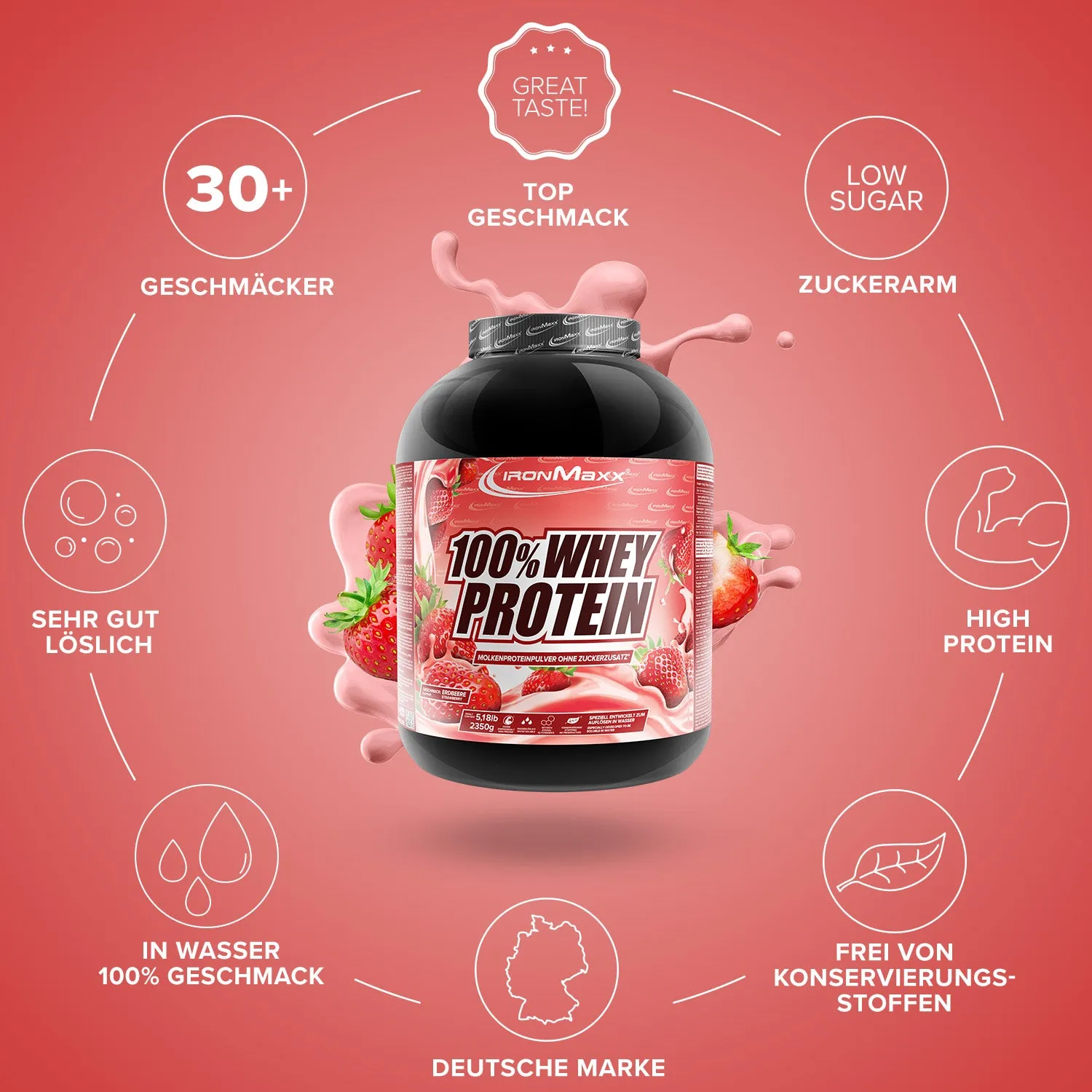 IronMaxx 100% Whey Protein Pulver 2350 g Erdbeere 80% Eiweiß