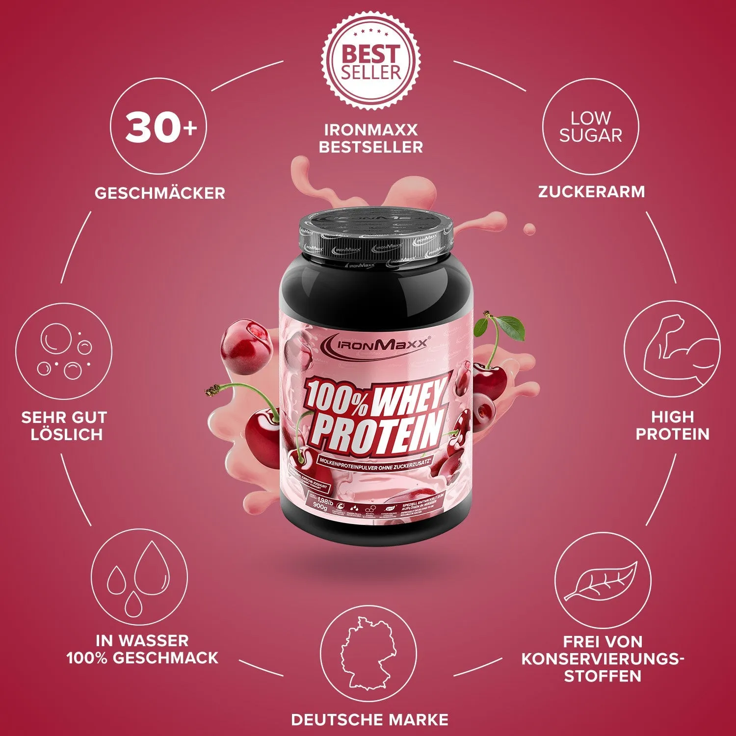 IronMaxx 100% Whey Protein Pulver Kirsche Yoghurt 900g zuckerfrei