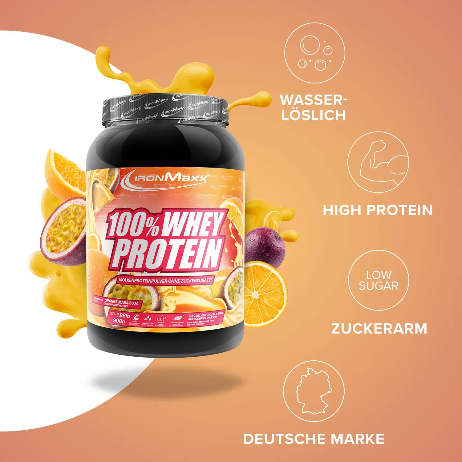 IronMaxx 100% Whey Protein Orange-Maracuja 900g zuckerfrei