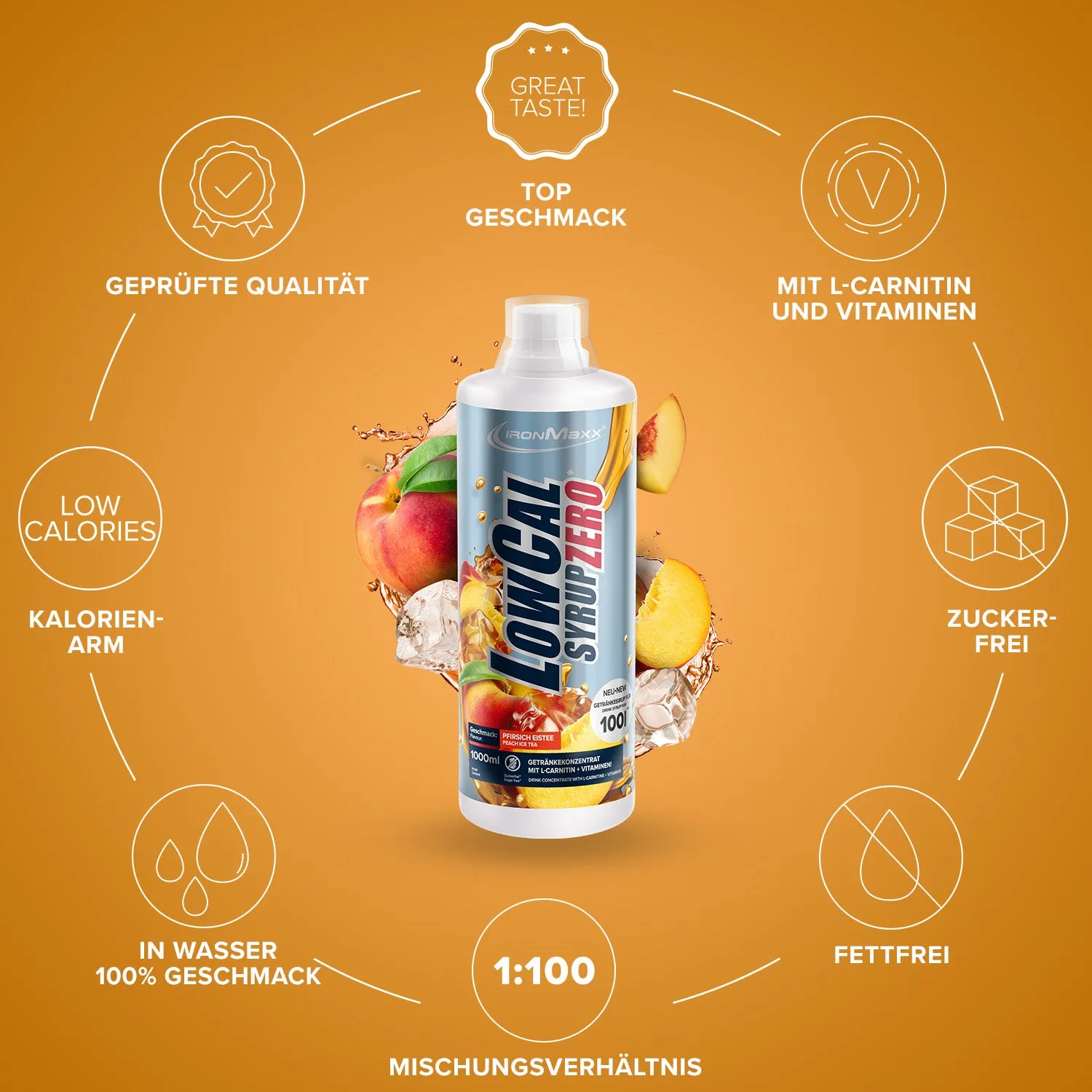IronMaxx LowCal Syrup Zero Sirup 1000ml Pfirsich-Eistee